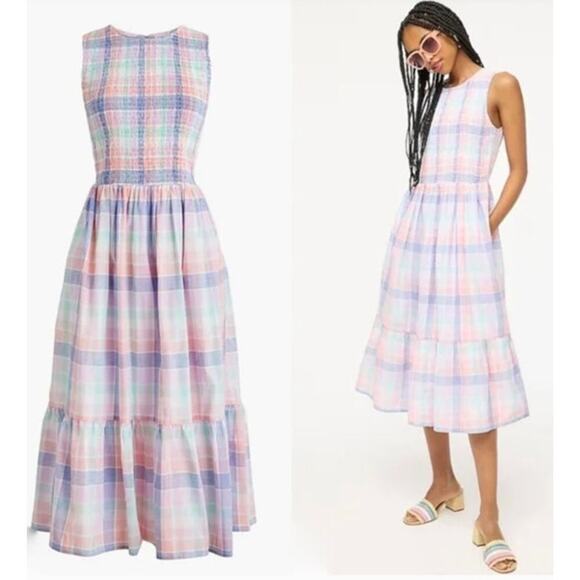 J. Crew Dresses & Skirts - J. Crew Smocked Dress Plaid Midi Sundress Noble Peri Multi NWT XS